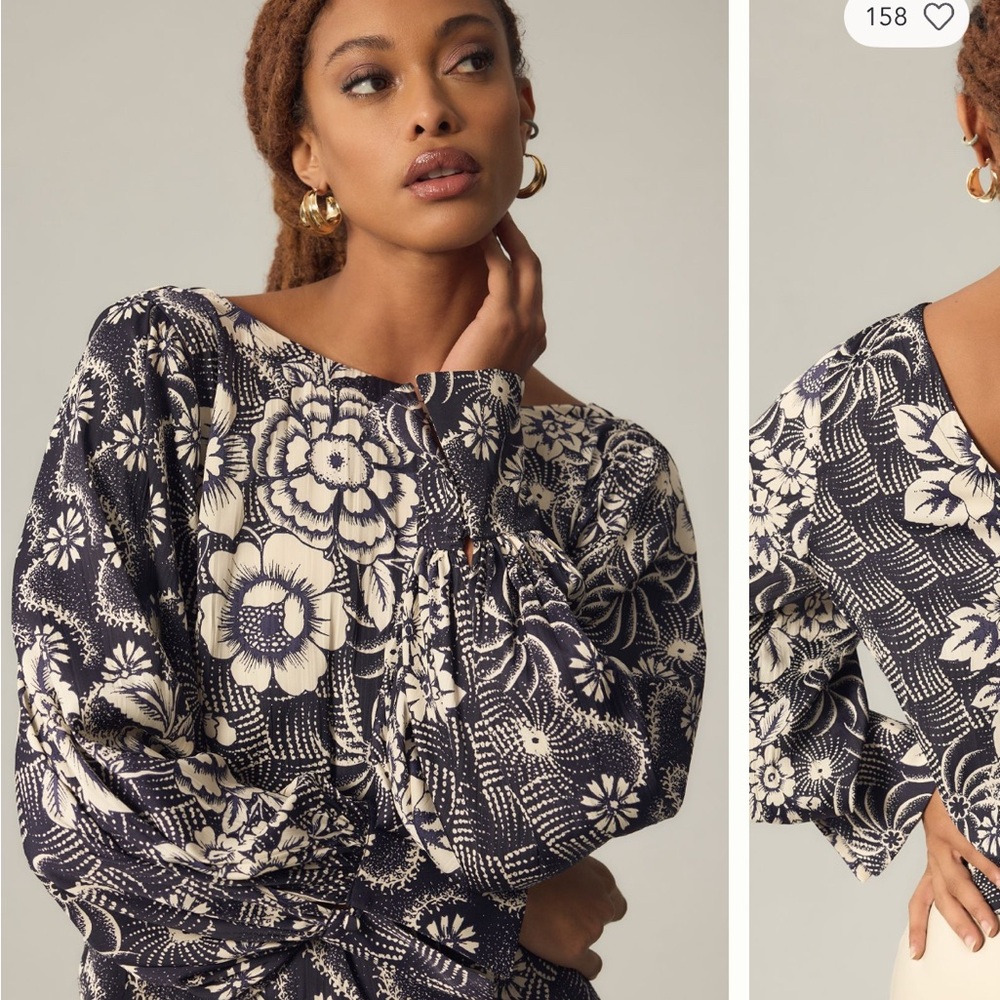 By Anthropologie balloon sleeve blouse size small blue and white
